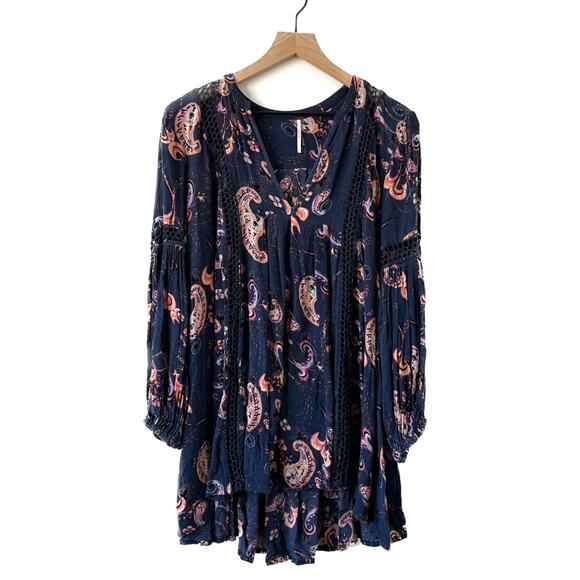 Free People Just The Two Of Us Paisley Blue Tunic Top Dress Size S - Picture 12 of 12